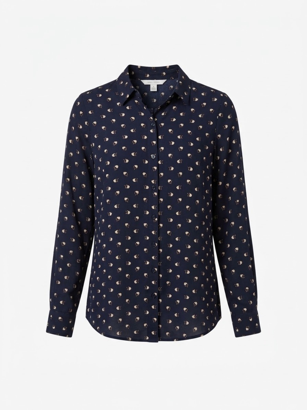Womens Navy Button-Down Blouse with Subtle Print